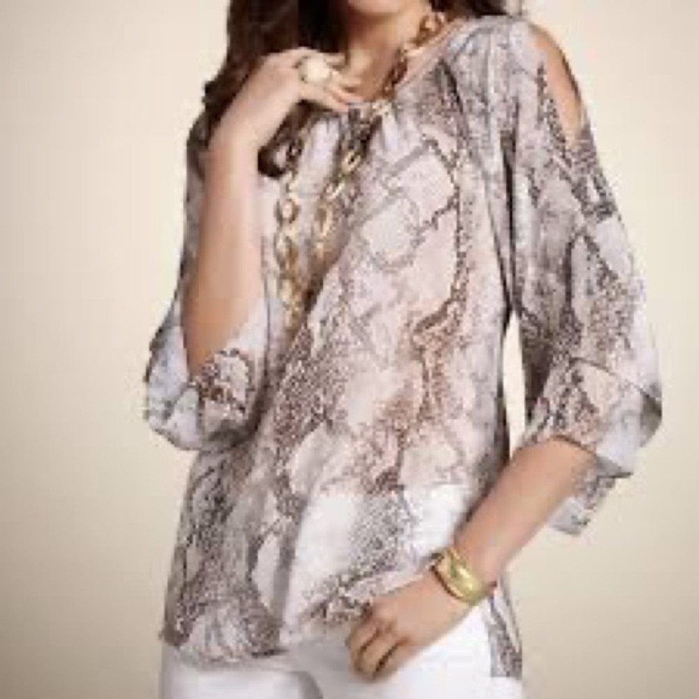 Chicos women size 2 Snakeskin cut off shoulder blouse